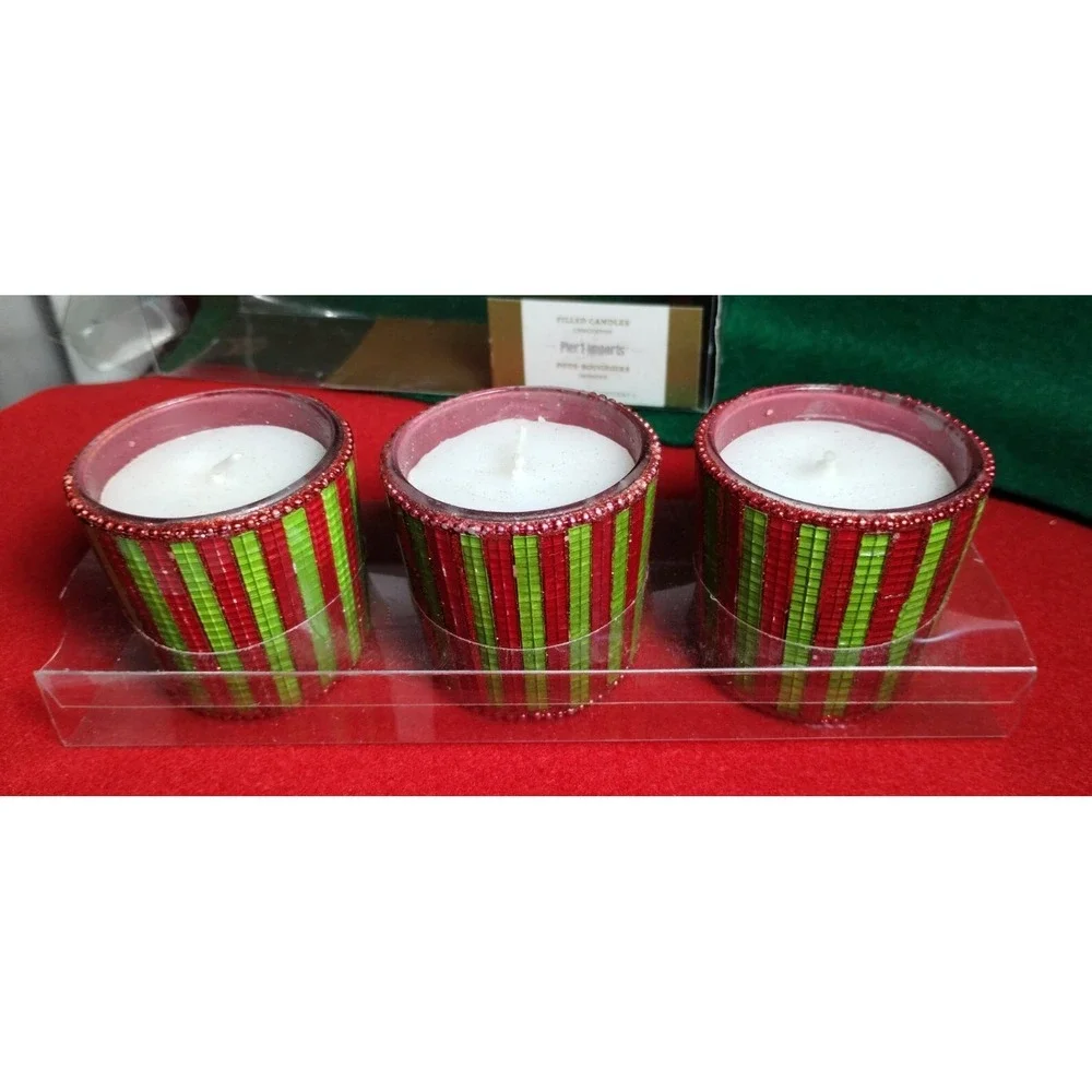 Pier 1 Imports Christmas Red & Green Mosaic Stripes Beaded Edge Votive Candles